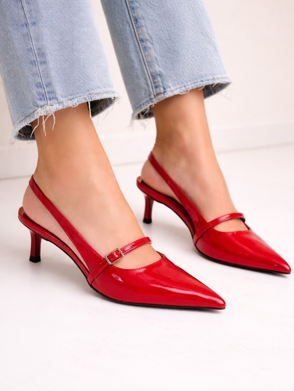 New Zara Red Patent Pointed Slingback Heels with Mary Jane Strap
